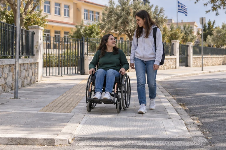 Νεαρή γυναίκα με αναπηρικό αμαξίδιο κινείται σε προσβάσιμη διαδρομή