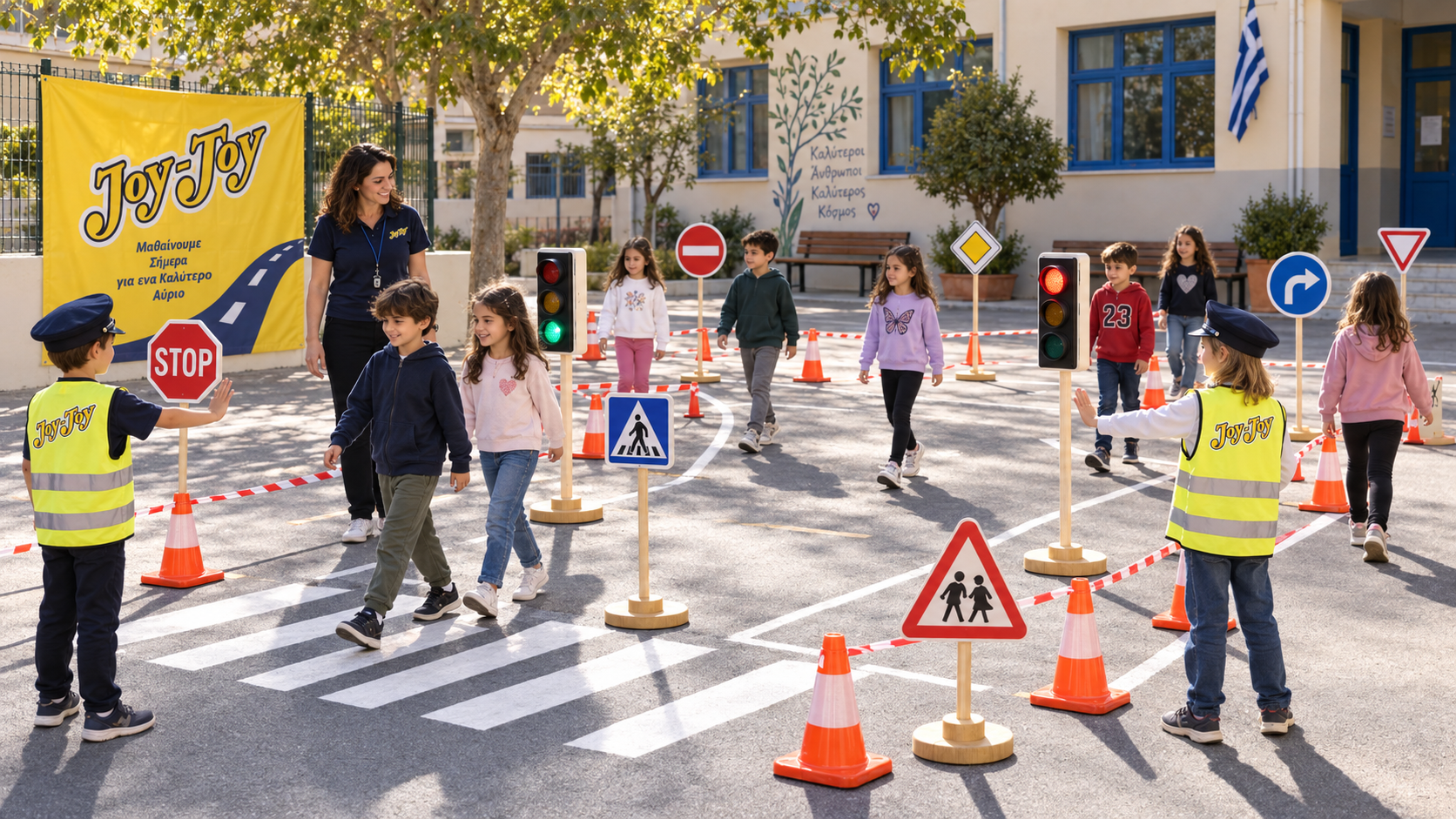 Παιδιά συμμετέχουν σε βιωματικό παιχνίδι κυκλοφοριακής αγωγής σε σχολικό προαύλιο με τη JoyToy